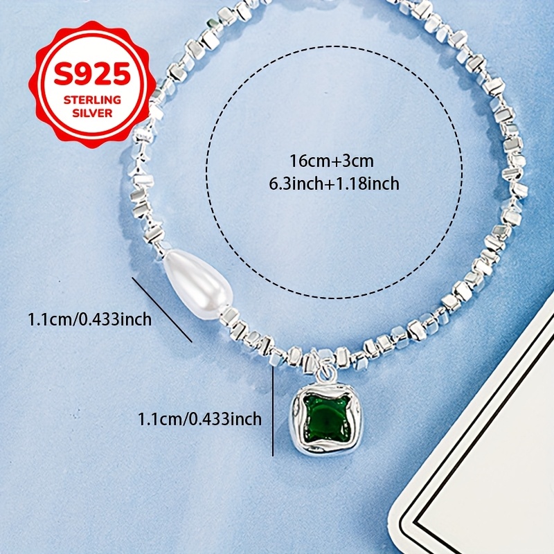 925 Silver Geometric Charm Bracelet with Green Stones